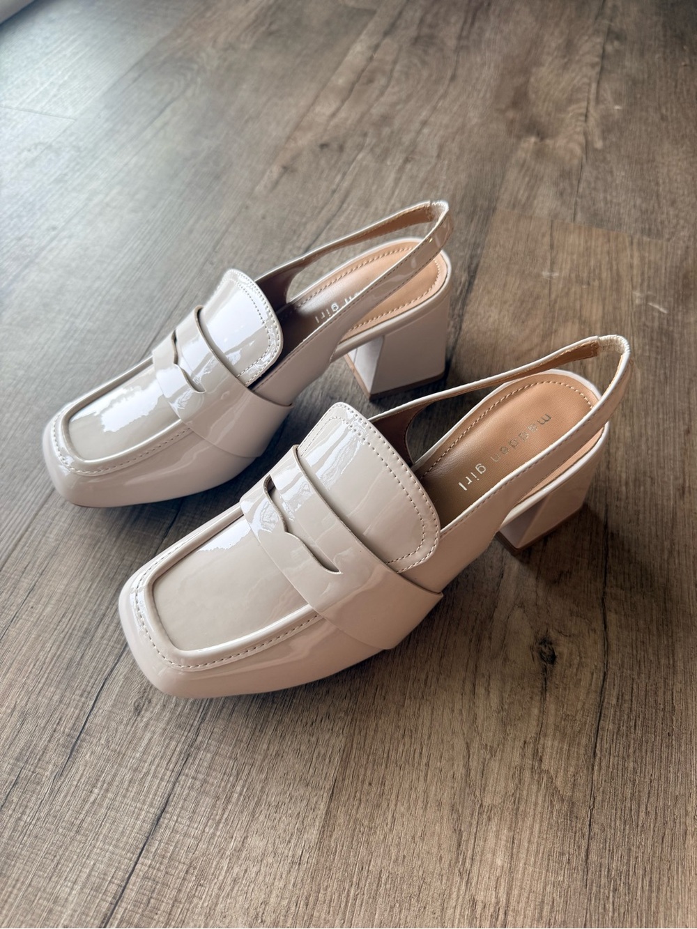 Madden Girl Women's Nude Patent Slingback Block Heel Loafers - Picture 3 of 7